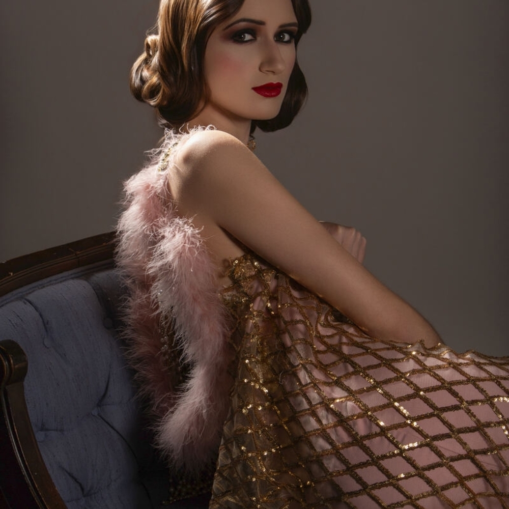 "LADY HELENA" Gold Sequin Diamond Pattern Tulle Lace Gatsby Wedding Gown - Picture 12 of 12
